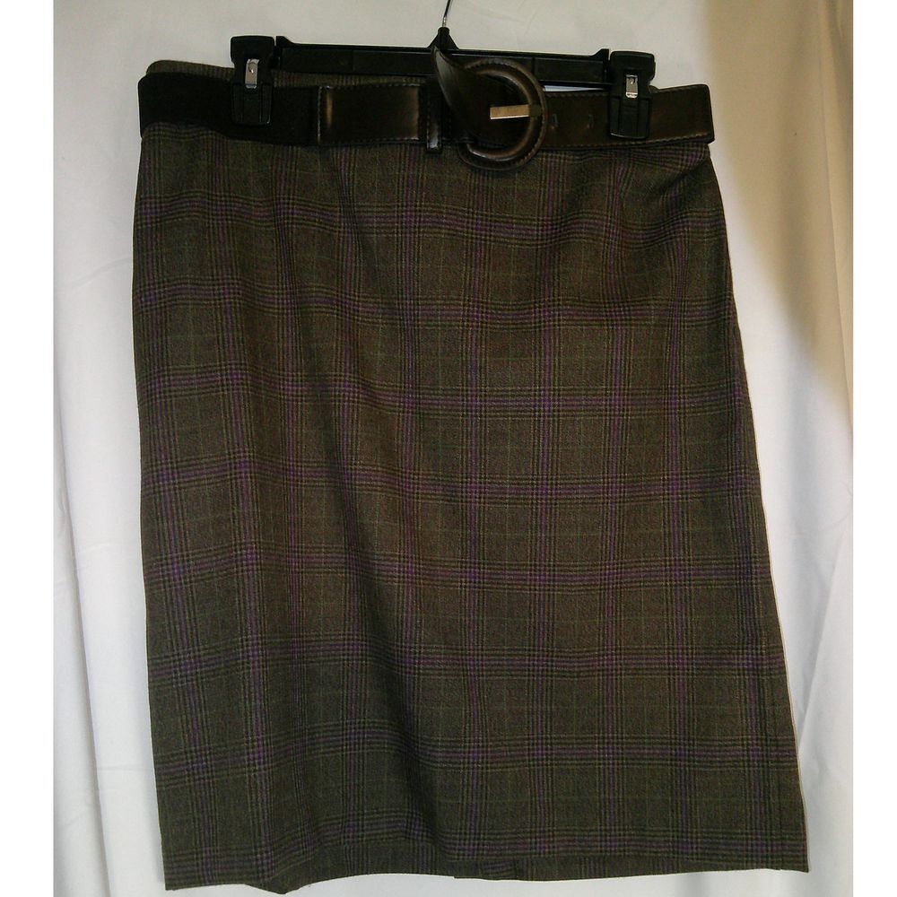 Dressbarn Professional Brown Purple Plaid Pencil Skirt with Belt Size 10